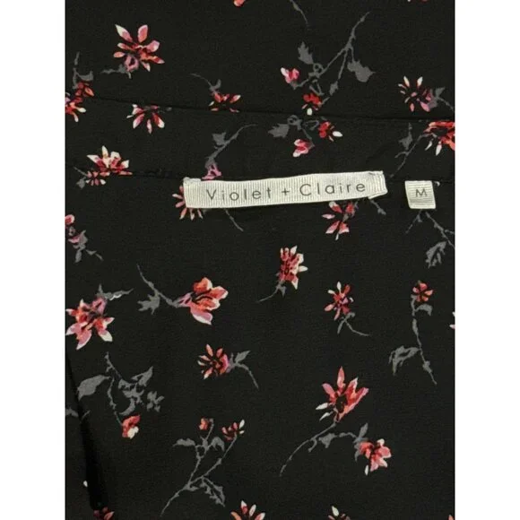 Yonett + Claire Top Size M Womens Black Floral Pink V-Neck Blouse Long Sleeve - Picture 6 of 8